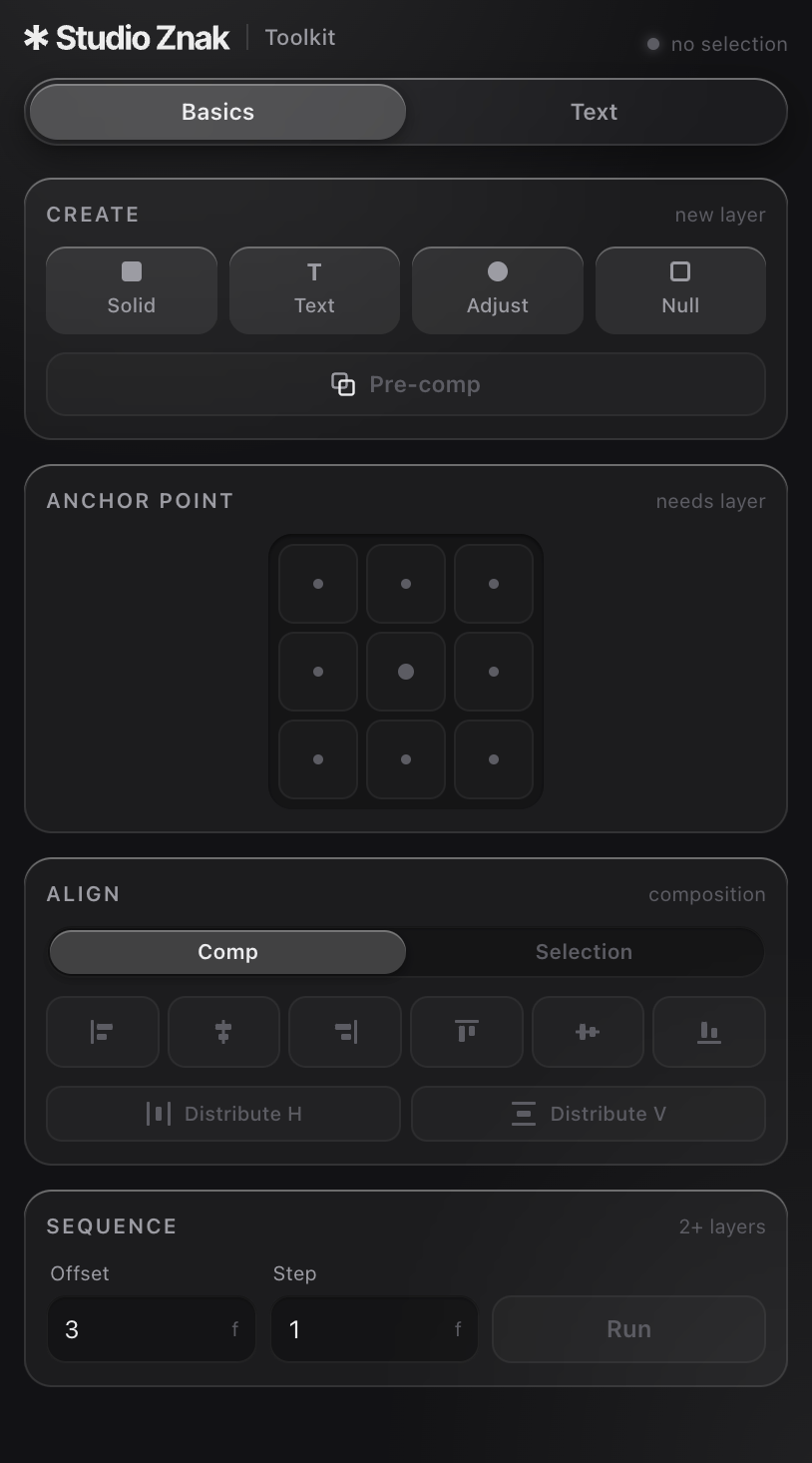Toolkit Basics panel with Create, Anchor Point, Align and Sequence controls