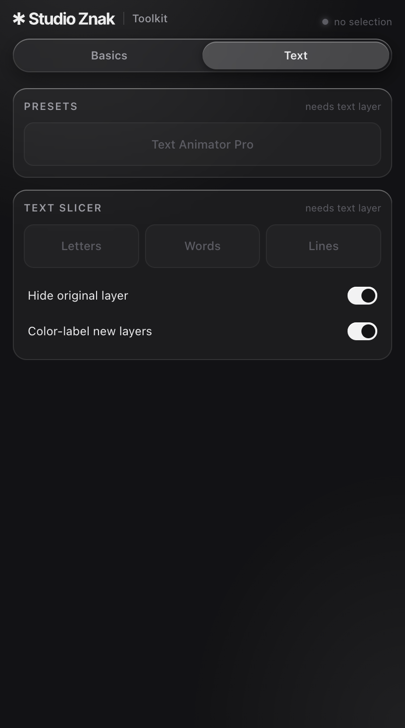 Toolkit Text panel with Text Animator Pro and Text Slicer